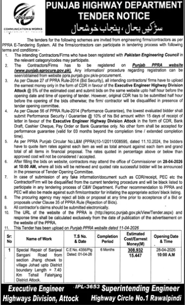Special Repair of Sanjwal Sangjani Road from section Jhang chowk to village Johad upto District boundary Length = 7.40 Km, Tehsil Fatehjang, District Attock